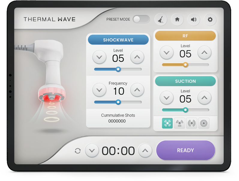 Сензорен дисплей на THERMAL WAVE с настройки за шокова вълна, радиочестота и сукция